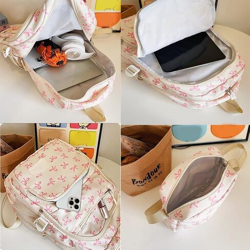 Bow Backpack for Girls, Pink, Aesthetic Daypack Nylon Rucksack Bags | Cute Kawaii, With Bows, 3Pcs Set in Kuwait
