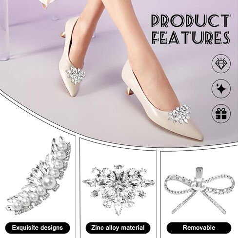 3 Pairs Rhinestone Shoe Clips for Women Dress Shoes, Decorative Shoe Clips with Snowflake, Pearl & Bow Designs, Removable Shoe Clips for Heels, Shoes, Scarves & Hats in Kuwait