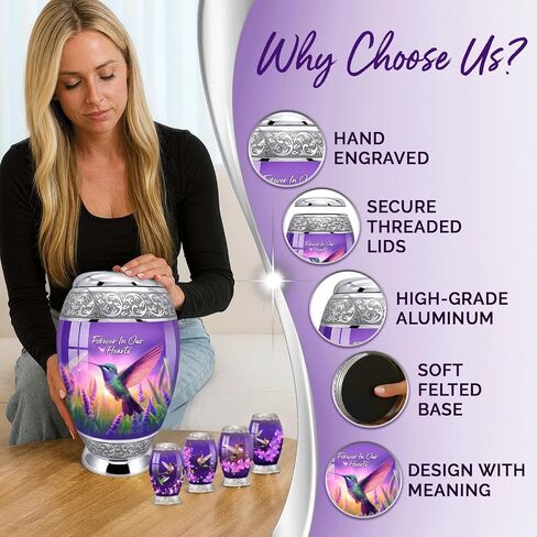 Urns for Human Ashes Adult Female Set of 6 - Hummingbird Urns for Ashes for Women - Purple Urns for Sharing Ashes - Honor Loved Ones with Love and Grace in Saudi Arabia