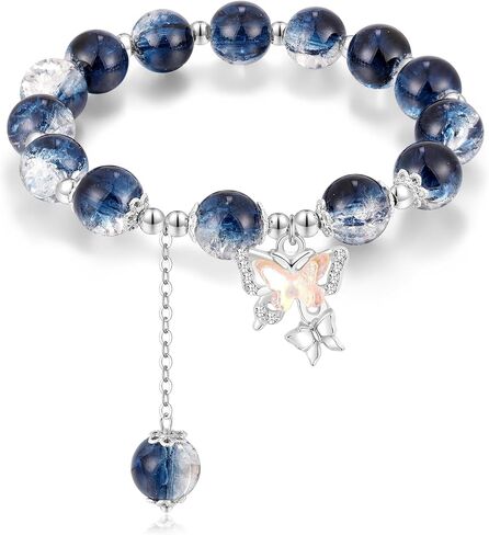 Butterfly Beaded Bracelet, Colorful Crystal | Natural Gemstone, Stretch Elastic, Healing Crystal Round Stone, Jewelry Gifts for Women in Kuwait