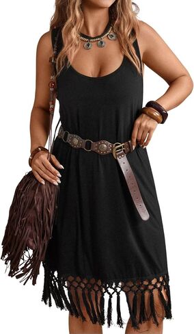 Verdusa Women's Plus Size Tassel Cowgirl Dress Boho Flowy Fringe Sleeveless Midi Dresses in Kuwait