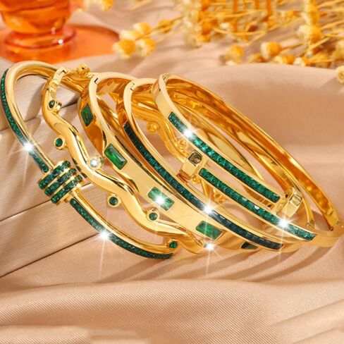 Gold Emerald Bracelets for Women – 5 Pcs Stainless Steel Stackable Bangles Set with Green Rhinestone in Kuwait