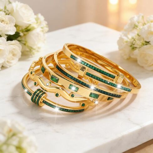 Gold Emerald Bracelets for Women – 5 Pcs Stainless Steel Stackable Bangles Set with Green Rhinestone in Kuwait