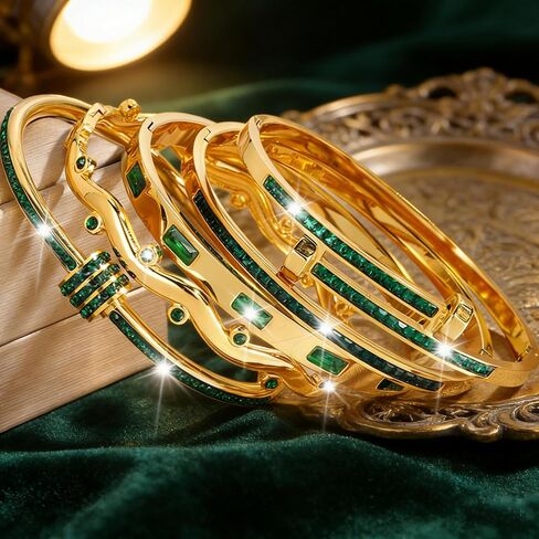 Gold Emerald Bracelets for Women – 5 Pcs Stainless Steel Stackable Bangles Set with Green Rhinestone in Kuwait