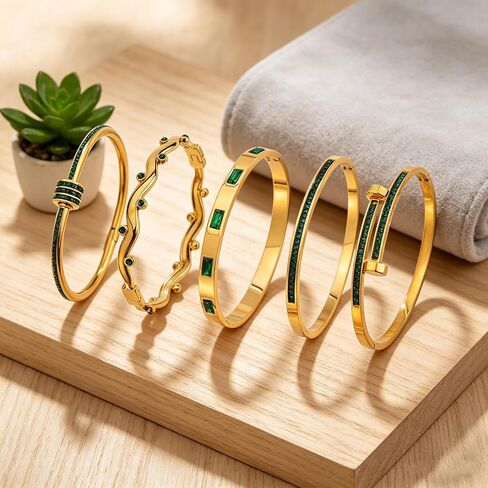 Gold Emerald Bracelets for Women – 5 Pcs Stainless Steel Stackable Bangles Set with Green Rhinestone in Kuwait
