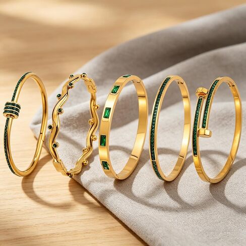 Gold Emerald Bracelets for Women – 5 Pcs Stainless Steel Stackable Bangles Set with Green Rhinestone in Kuwait