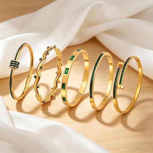 Gold Emerald Bracelets for Women – 5 Pcs Stainless Steel Stackable Bangles Set with Green Rhinestone in Kuwait