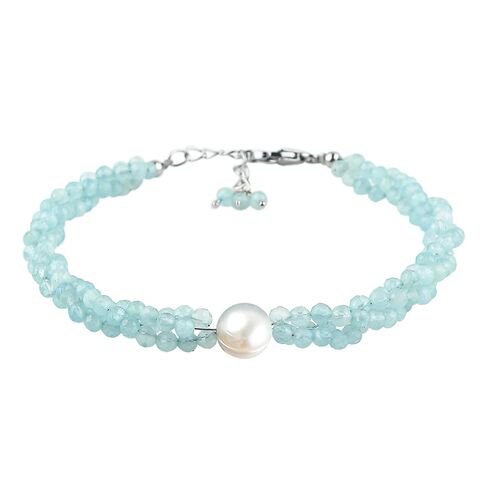 CRYSTALIS Natural Sea Aquamarine Beads Twisted Rope Bracelet with Elegant Pearl, High Grade Gemstones, Chakra Healing Stones, Gift Giving Womens Jewelry, 925 Sterling Silver Bracelet 8 inch in Kuwait