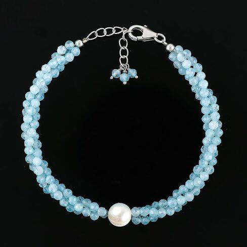 CRYSTALIS Natural Sea Aquamarine Beads Twisted Rope Bracelet with Elegant Pearl, High Grade Gemstones, Chakra Healing Stones, Gift Giving Womens Jewelry, 925 Sterling Silver Bracelet 8 inch in Kuwait