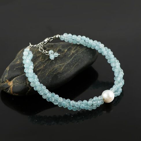 CRYSTALIS Natural Sea Aquamarine Beads Twisted Rope Bracelet with Elegant Pearl, High Grade Gemstones, Chakra Healing Stones, Gift Giving Womens Jewelry, 925 Sterling Silver Bracelet 8 inch in Kuwait