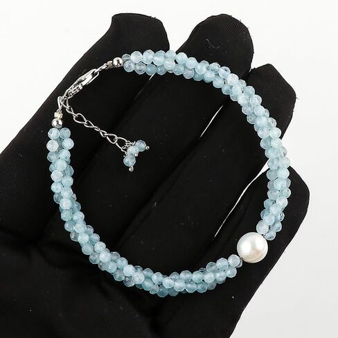 CRYSTALIS Natural Sea Aquamarine Beads Twisted Rope Bracelet with Elegant Pearl, High Grade Gemstones, Chakra Healing Stones, Gift Giving Womens Jewelry, 925 Sterling Silver Bracelet 8 inch in Kuwait