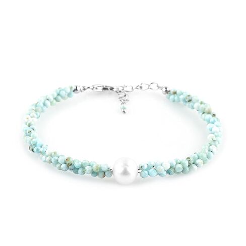 CRYSTALIS Natural Sea Aquamarine Beads Twisted Rope Bracelet with Elegant Pearl, High Grade Gemstones, Chakra Healing Stones, Gift Giving Womens Jewelry, 925 Sterling Silver Bracelet 8 inch in Kuwait