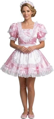 فستان Sissy French Maid وردي من الساتان قابل للقفل من الدانتيل على الكتف بحافة مكشكشة، فستان الهالوين للحفلات والنوادي in Kuwait