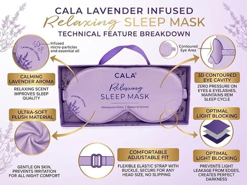 Cala Lavender Infused Relaxing Silk Sleep Mask, Soft Breathable Eye Mask for Sleeping, 100% Light Blocking Night Blindfold Eye Cover with Adjustable Strap for Men, Women, Nap, Travel in Saudi Arabia