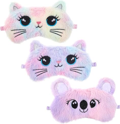 Kids Sleep Mask, 3 Pcs Cute Cat Sleeping Eye Mask Colorful Soft Plush Eye Covers for Sleeping Comfortable Funny Animal Night EyeMasks for Women Girls Home Travel in Saudi Arabia
