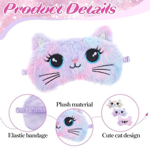 Kids Sleep Mask, 3 Pcs Cute Cat Sleeping Eye Mask Colorful Soft Plush Eye Covers for Sleeping Comfortable Funny Animal Night EyeMasks for Women Girls Home Travel in Saudi Arabia