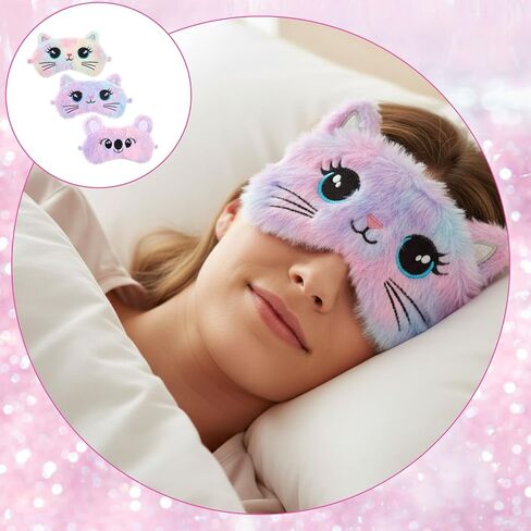 Kids Sleep Mask, 3 Pcs Cute Cat Sleeping Eye Mask Colorful Soft Plush Eye Covers for Sleeping Comfortable Funny Animal Night EyeMasks for Women Girls Home Travel in Saudi Arabia