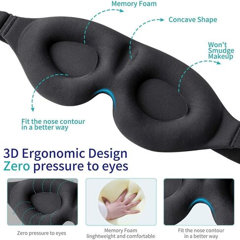 Sleep Mask for Side Sleeper with Adjustable Strap, Complete Light Blocking 3D Sleeping Eye Mask for Total Blackout, Soft & Breathable for Travel Office Home Use, Black in Kuwait