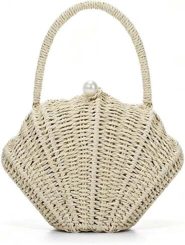 Shell Purse Rattan Clutch Woven Shell Shape Crossbody Shoulder Bag Straw Beaded Seashell Handbag with Pearl Beads in Saudi Arabia