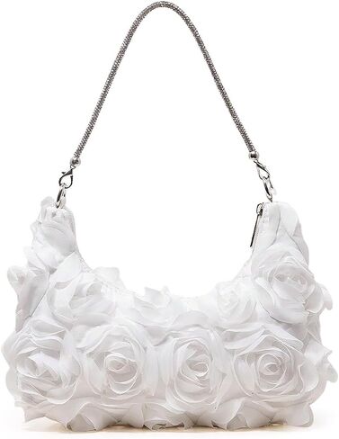 Women's 3D Flower Clutch Purse, Satin Floral Evening Handbag with Chain for Wedding, Party, Prom in Saudi Arabia