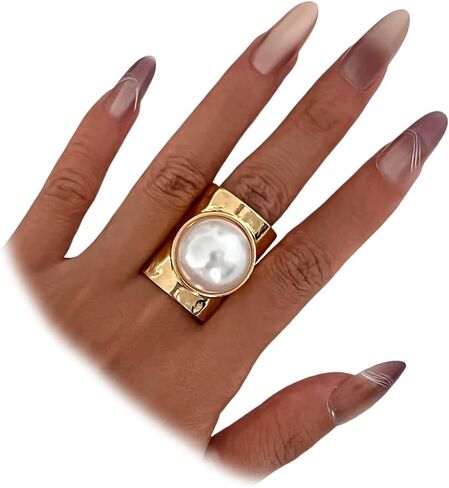 Vintage Wide Gold Silver Inlay Pearl Ring, Statement Widen Geometric Knuckle Rings for Women Trendy Non Tarnish Party Daily Life Finger Jewelry Gifts in Saudi Arabia