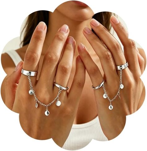 Chain Ring for Women Chunky Dangle Ring Two Finger Rings Crystal Statement Open Adjustable Finger Chain Rings Fashion Jewelry Accessories in Saudi Arabia