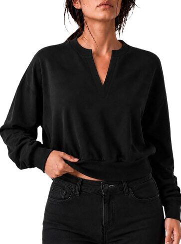 Remidoo Women's Cropped Sweatshirt Notched V Neck Long Sleeve Crop Top Loose Fit Pullover in Kuwait