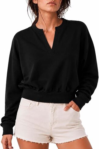 Remidoo Women's Cropped Sweatshirt Notched V Neck Long Sleeve Crop Top Loose Fit Pullover in Kuwait