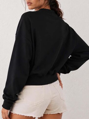 Remidoo Women's Cropped Sweatshirt Notched V Neck Long Sleeve Crop Top Loose Fit Pullover in Kuwait