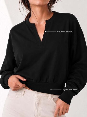 Remidoo Women's Cropped Sweatshirt Notched V Neck Long Sleeve Crop Top Loose Fit Pullover in Kuwait