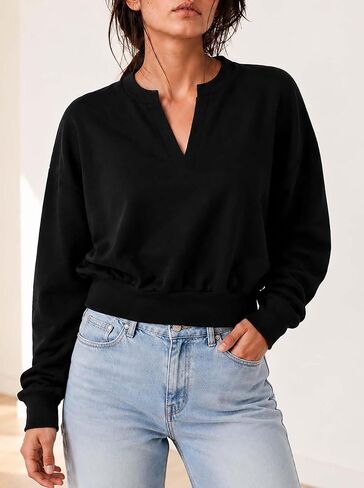 Remidoo Women's Cropped Sweatshirt Notched V Neck Long Sleeve Crop Top Loose Fit Pullover in Kuwait