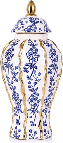 White and Gold Blue Luxury Ceramic Ginger Jar Vase with Lid - Modern Geometry Decorative Vase for Home Decor, Living Room, Kitchen, Dining Table, Cabinet Decor in Saudi Arabia