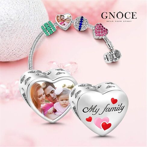 GNOCE Family Heart Custom Photo Charm Bead S925 Sterling Silver Love My Family Personalized Picture Charm fit Bracelet Necklace for Family Wife Daughter in Kuwait