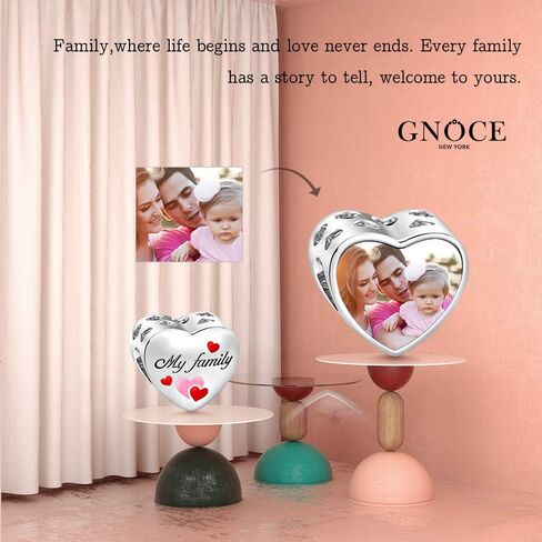 GNOCE Family Heart Custom Photo Charm Bead S925 Sterling Silver Love My Family Personalized Picture Charm fit Bracelet Necklace for Family Wife Daughter in Kuwait