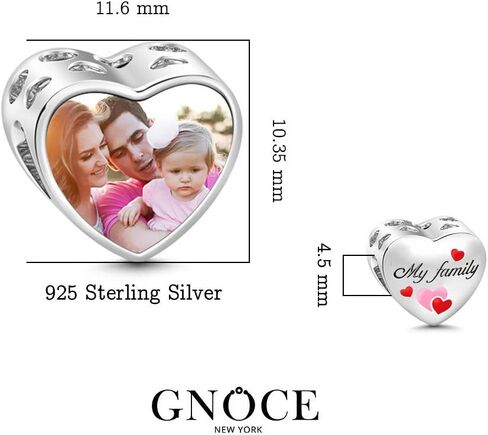 GNOCE Family Heart Custom Photo Charm Bead S925 Sterling Silver Love My Family Personalized Picture Charm fit Bracelet Necklace for Family Wife Daughter in Kuwait
