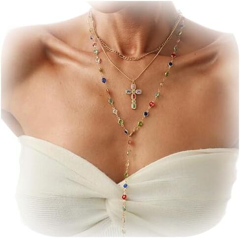 Colorful Crystal Necklace for Women,Rhinestone Cross Clavicle Chain Necklace,Summer Layered Neck Chain Jewelry,Wedding Bridal Rhinestone Jewelry in Kuwait
