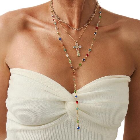 Colorful Crystal Necklace for Women,Rhinestone Cross Clavicle Chain Necklace,Summer Layered Neck Chain Jewelry,Wedding Bridal Rhinestone Jewelry in Kuwait