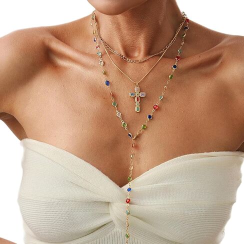 Colorful Crystal Necklace for Women,Rhinestone Cross Clavicle Chain Necklace,Summer Layered Neck Chain Jewelry,Wedding Bridal Rhinestone Jewelry in Kuwait