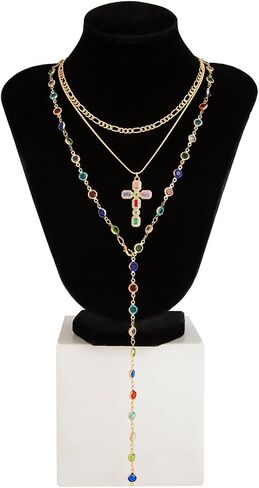 Colorful Crystal Necklace for Women,Rhinestone Cross Clavicle Chain Necklace,Summer Layered Neck Chain Jewelry,Wedding Bridal Rhinestone Jewelry in Kuwait