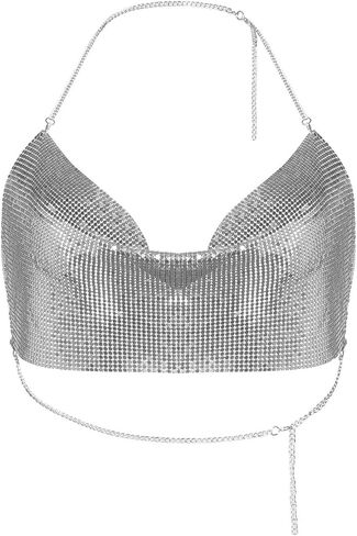 Women Shiny Metal Sequin Crop Top Sexy Halter Tank Top Camisole for Party Clubwear V-Neck Party Wear 40 * 18 (Sliver bra) in Saudi Arabia