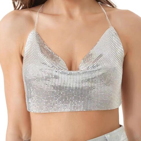 Women Shiny Metal Sequin Crop Top Sexy Halter Tank Top Camisole for Party Clubwear V-Neck Party Wear 40 * 18 (Sliver bra) in Saudi Arabia