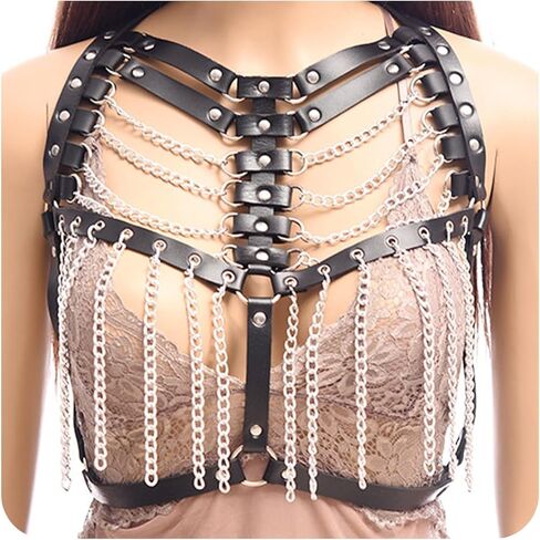 Punk Adjustable Chest Chain for Women- Gothic Faux Leather Chest Harness & Waist Body Chain Bra Belt for Women in Kuwait