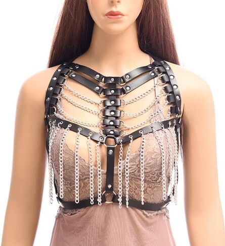 Punk Adjustable Chest Chain for Women- Gothic Faux Leather Chest Harness & Waist Body Chain Bra Belt for Women in Kuwait