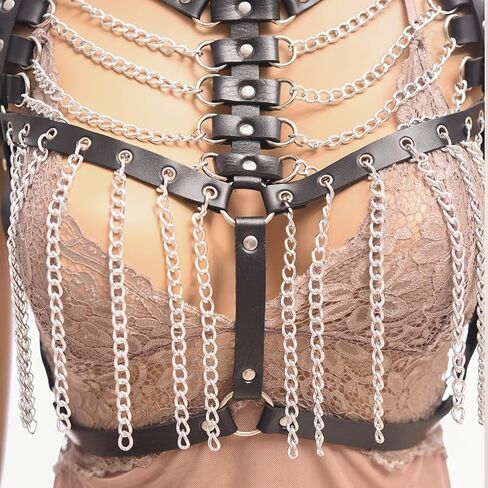 Punk Adjustable Chest Chain for Women- Gothic Faux Leather Chest Harness & Waist Body Chain Bra Belt for Women in Kuwait
