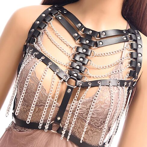 Punk Adjustable Chest Chain for Women- Gothic Faux Leather Chest Harness & Waist Body Chain Bra Belt for Women in Kuwait