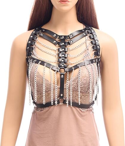 Punk Adjustable Chest Chain for Women- Gothic Faux Leather Chest Harness & Waist Body Chain Bra Belt for Women in Kuwait
