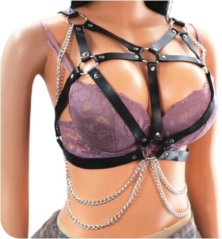 Punk Adjustable Chest Chain for Women- Gothic Faux Leather Chest Harness & Waist Body Chain Bra Belt for Women in Kuwait