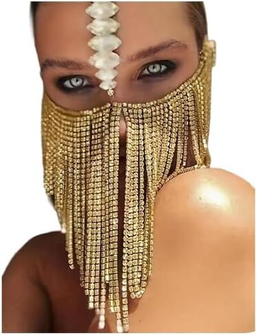 Rhinestone Fringe Mask Face Chain for Women -Bling Crystal Tassel Masquerade Headpiece Veils Face Jewelry for Halloween Rave Nightclub Costume in Kuwait