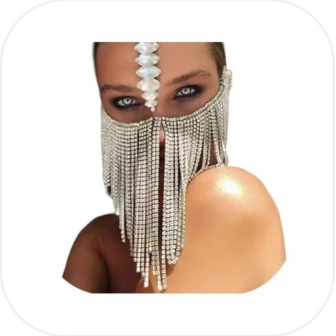 Rhinestone Fringe Mask Face Chain for Women -Bling Crystal Tassel Masquerade Headpiece Veils Face Jewelry for Halloween Rave Nightclub Costume in Kuwait