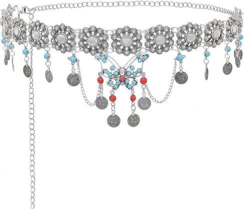 Bohemian Blue Acrylic Beads Waist Chain Belt, Silver Plated Coin Tassels, Butterfly Charms Adjustable Length Body Chain in Saudi Arabia